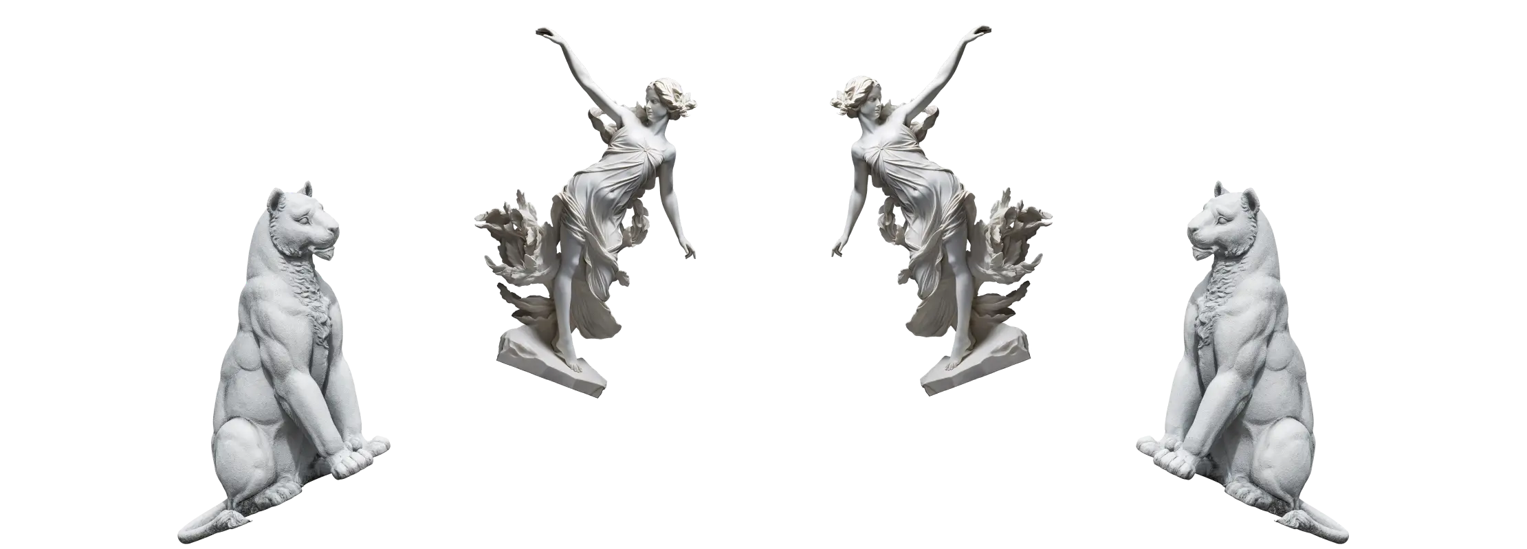 marble statues of a young woman and a panther
