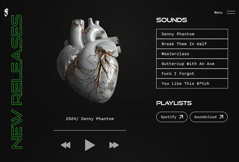 section of the 'Fantasm' website, presenting his different songs